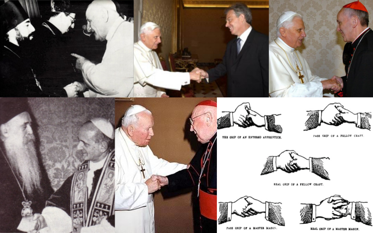 Antipapas do Vaticano II dando apertos de mão maçónicos