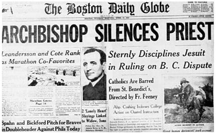 Cabeçalho do jornal The Boston Daily Globe: «ARCEBISPO SILENCIA SACERDOTE»