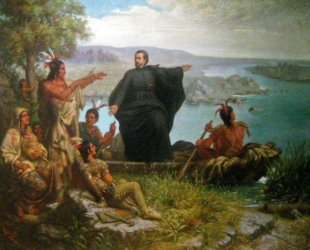 Padre Jacques Marquette, missionário católico, a pregar aos índios norte-americanos