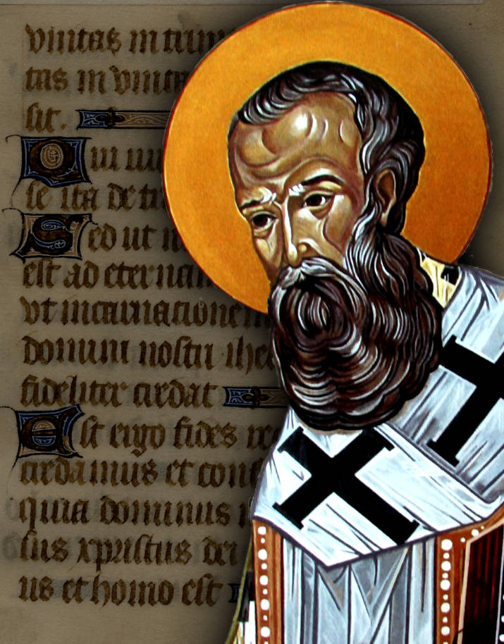 Santo Atanásio e um fragmento medieval do Credo Atanasiano ao fundo.